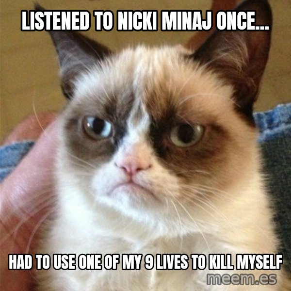 Grumpy Cat  meme: listened to nicki minaj once... / had to use one of my 9 lives to kill myself