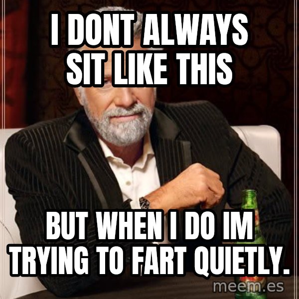 The Most Interesting Man In The World meme: i dont always sit like this / but when i do im trying to fart quietly.