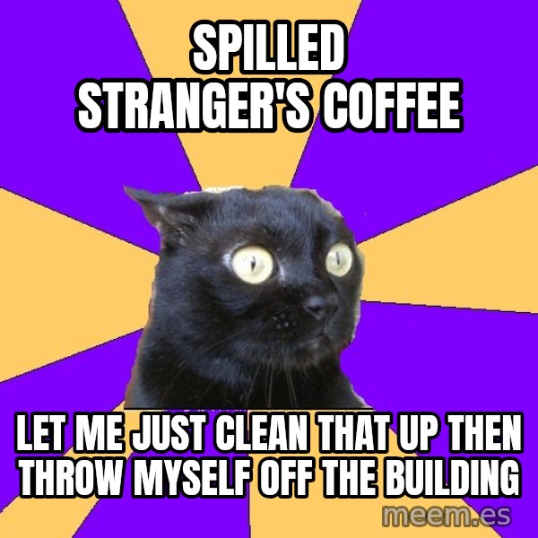 Anxiety Cat meme: Spilled stranger's coffee / Let me just clean that up then throw myself off the building