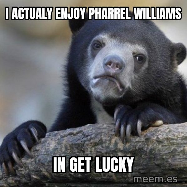 Confession Bear meme: I Actualy enjoy PHARREL WILLIAMS / in Get Lucky