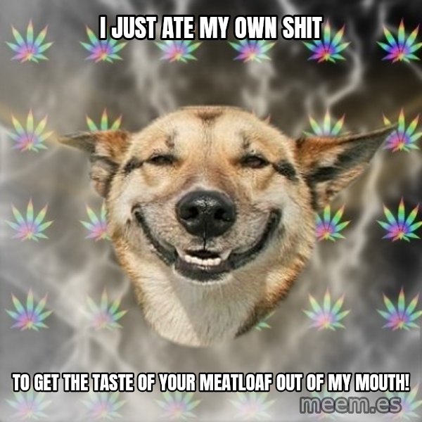 Stoner Dog meme: I just ate my own shit / To get the taste of your meatloaf out of my mouth!
