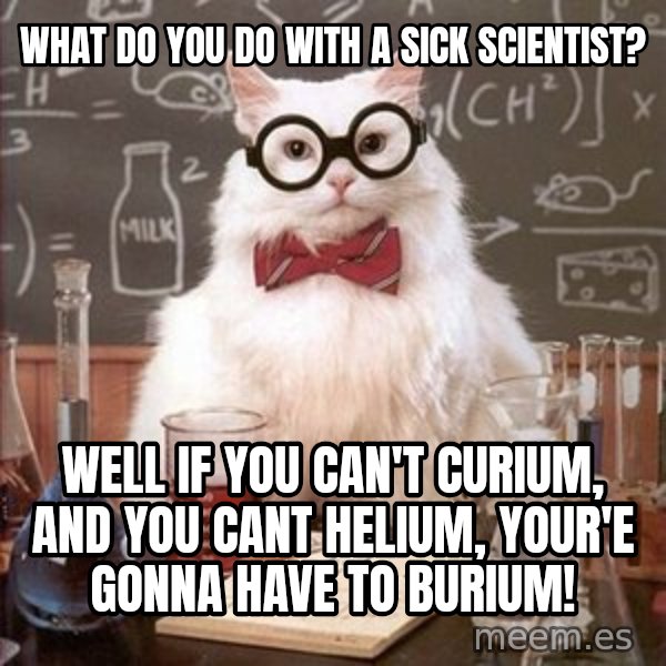 Chemistry Cat meme: WHAT DO YOU DO WITH A SICK SCIENTIST? / WELL IF YOU CAN'T CURIUM, AND YOU CANT HELIUM, YOUR'E GONNA HAVE TO BURIUM!