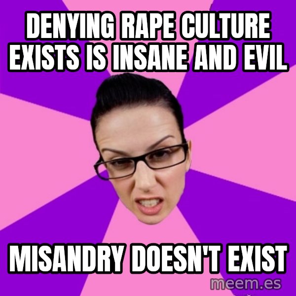 Privilege Denying Feminist meme: denying rape culture exists is insane and evil / misandry doesn't exist