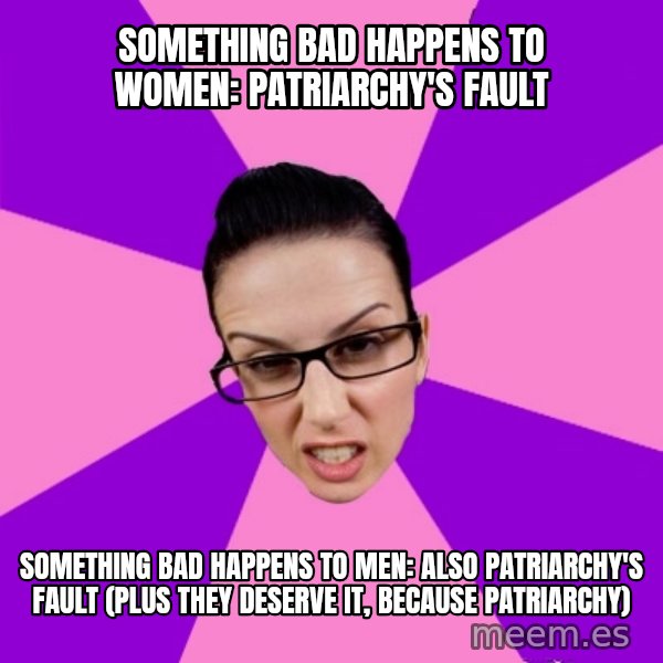 Privilege Denying Feminist meme: something bad happens to women: patriarchy's fault / something bad happens to men: also patriarchy's fault (plus they deserve it, because patriarchy)
