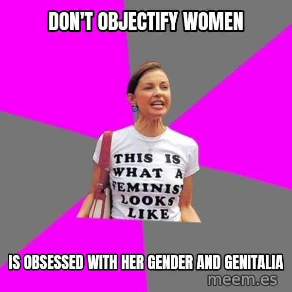 Feminist Cunt meme: don't objectify women / Is obsessed with her gender and genitalia