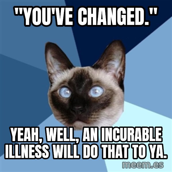 Chronic Illness Cat meme: "You've Changed." / Yeah, well, an incurable illness will do that to ya.