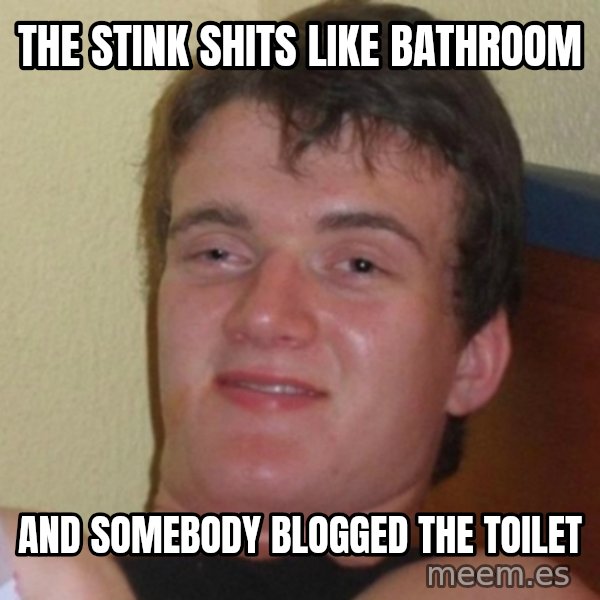 Really Stoned Guy meme: THE STINK SHITS LIKE BATHROOM / AND SOMEBODY BLOGGED THE TOILET