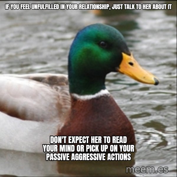 Actual Advice Mallard 1 meme: If you feel unfulfilled in your relationship, just talk to her about it / Don't expect her to read your mind or pick up on your passive aggressive Actions