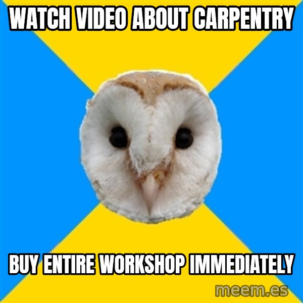Bipolar Owl meme: Watch video about carpentry / buy entire workshop immediately