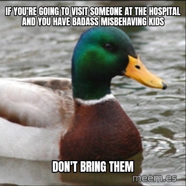 Actual Advice Mallard 1 meme: If you're going to visit someone at the hospital and you have badass misbehaving kids / Don't bring them
