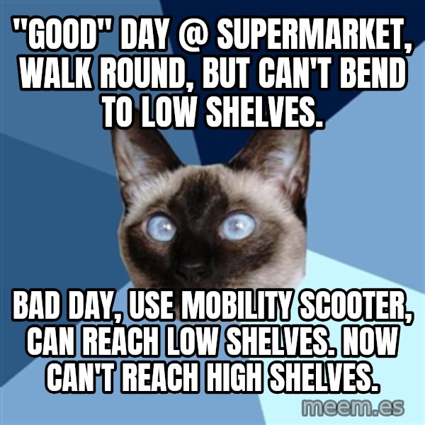 Chronic Illness Cat meme: "Good" day @ supermarket, walk round, but can't bend to low shelves. / Bad day, use mobility scooter, can reach low shelves. Now can't reach high shelves.