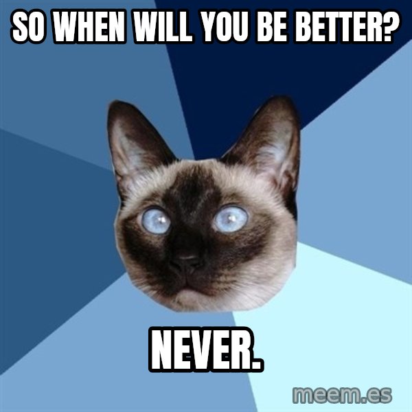 Chronic Illness Cat meme: so when will you be better? / never.