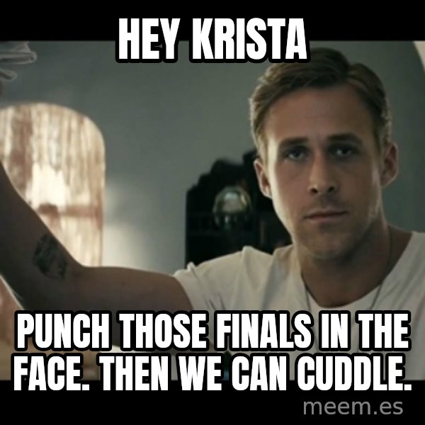 ryan gosling hey girl meme: HEY KRISTA / PUNCH THOSE FINALS IN THE FACE. THEN WE CAN CUDDLE.