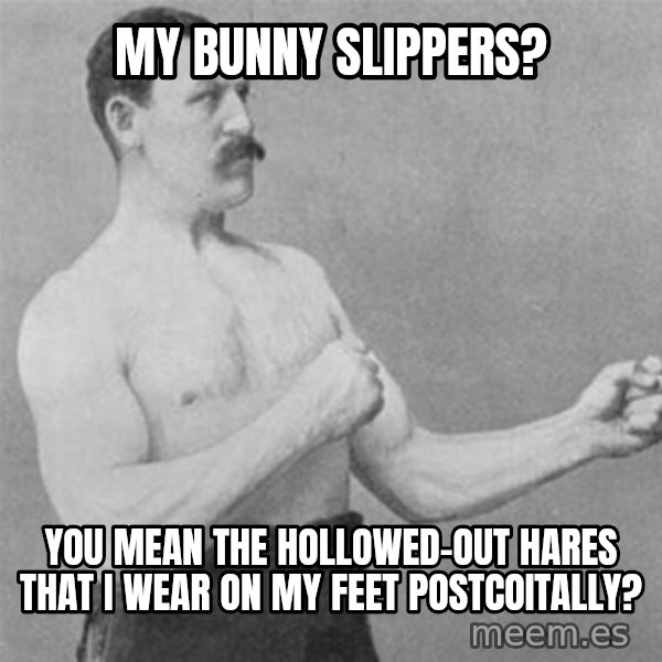 overly manlyman meme: my bunny slipperS? / You mean the hollowed-out hares that I wear on my feet postcoitally?