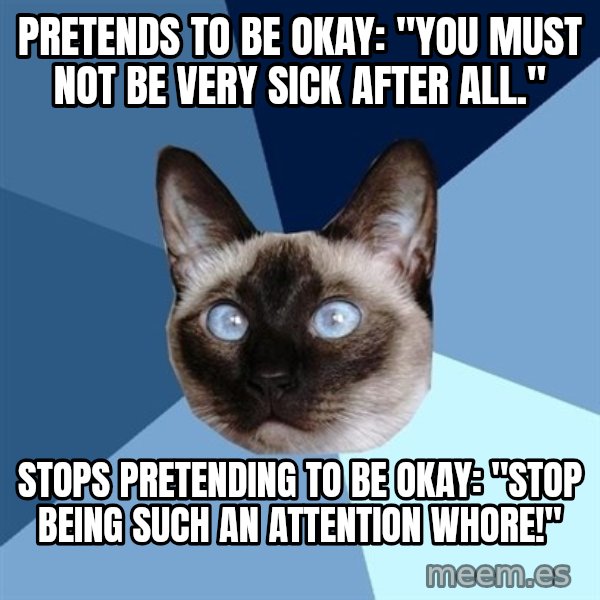Chronic Illness Cat meme: Pretends to be okay: "you must not be very sick after all." / Stops pretending to be okay: "stop being such an attention whore!"