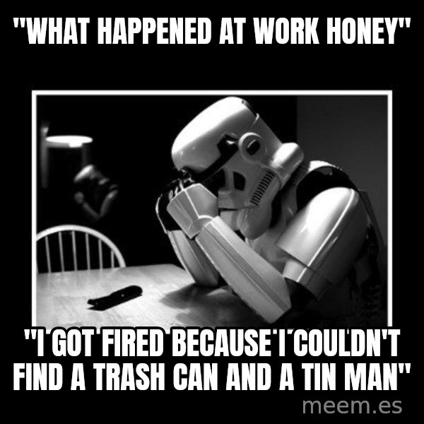 Sad Trooper meme: "WHAT HAPPENED AT WORK HONEY" / "I GOT FIRED BECAUSE I COULDN'T FIND A TRASH CAN AND A TIN MAN"