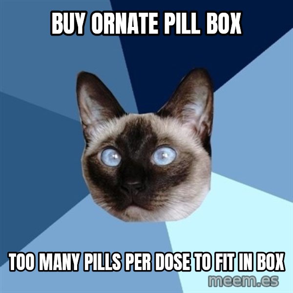 Chronic Illness Cat meme: Buy ornate pill box / Too many pills per dose to fit in box