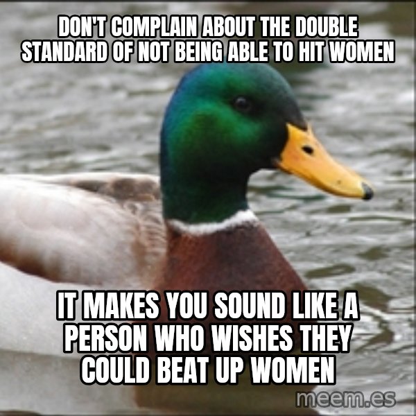 Actual Advice Mallard 1 meme: don't complain about the double standard of not being able to hit women / It makes you sound like a person who wishes they could beat up women