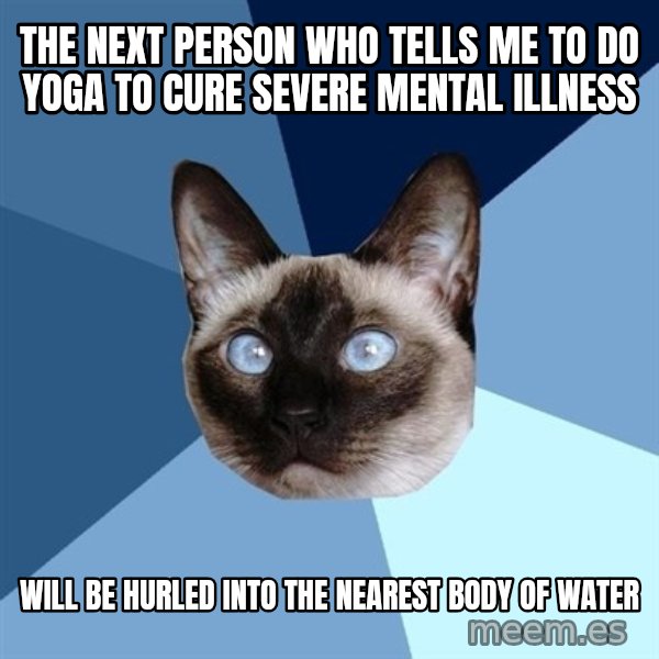 Chronic Illness Cat meme: the next person who tells me to do yoga to cure severe mental illness / will be hurled into the nearest body of water