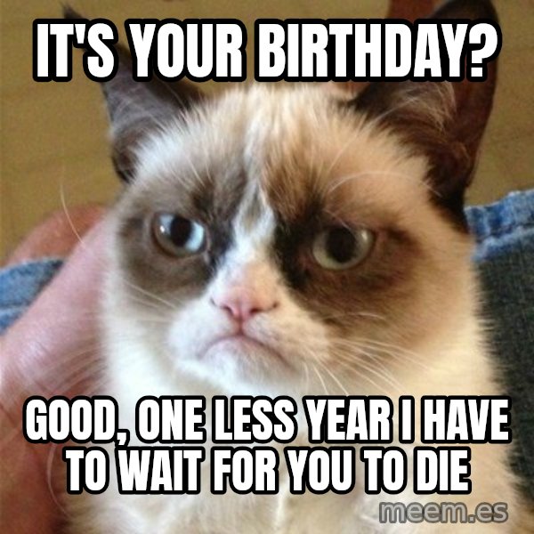 Grumpy Cat  meme: it's your birthday? / good, one less year i have to wait for you to die