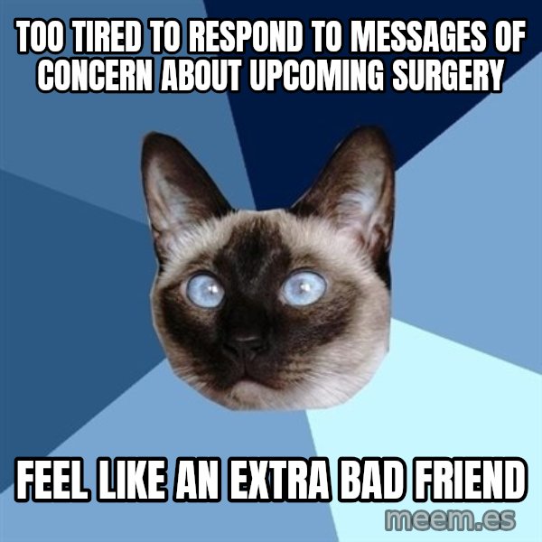 Chronic Illness Cat meme: Too tired to respond to messages of concern about upcoming surgery / feel like an extra bad friend