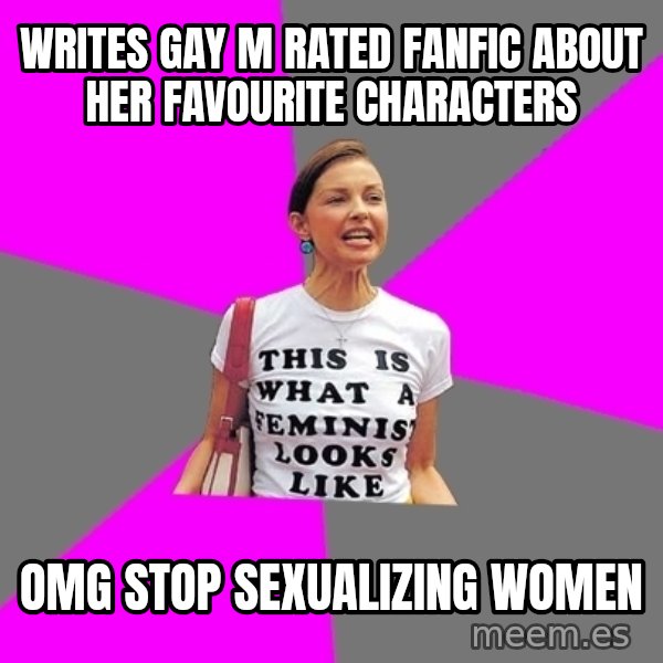 Feminist Cunt meme: Writes gay m rated fanfic about her favourite characters / omg stop sexualizing women