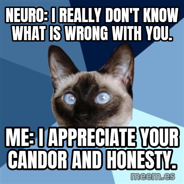 Chronic Illness Cat meme: Neuro: I really don't know what is wrong with you. / Me: I appreciate your candor and honesty.