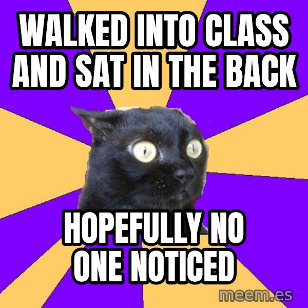 Anxiety Cat meme: walked into class and sat in the back / hopefully no one noticed
