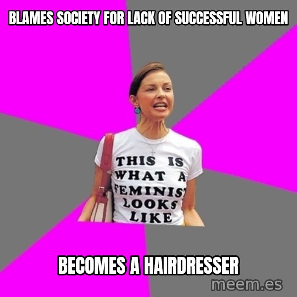Feminist Cunt meme: Blames society for lack of successful women / becomes a hairdresser