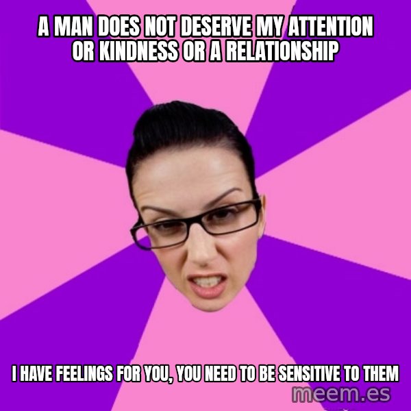 Privilege Denying Feminist meme: a man does not deserve my attention or kindness or a relationship / i have feelings for you, you need to be sensitive to them