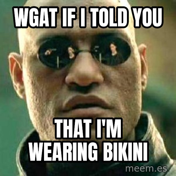 What if I told you / Matrix Morpheus meme: wgat if i told you / that i'm wearing bikini