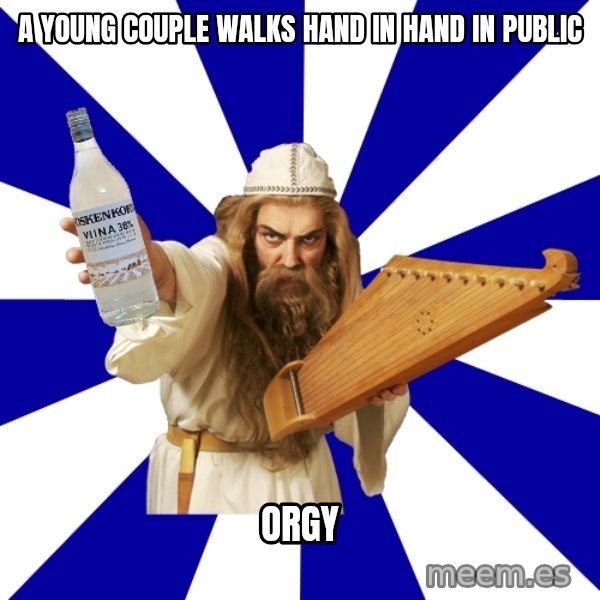 FinnishProblems meme: a young couple walks hand in hand in public / ORGY