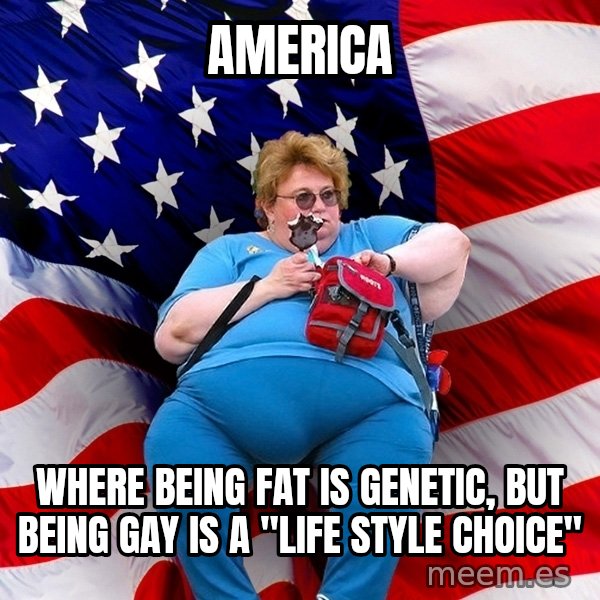 Obese American meme: AMERICA / wHERE BEING FAT IS GENETIC, BUT BEING GAY IS A "LIFE STYLE CHOICE"