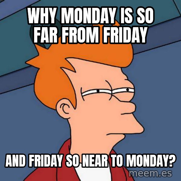 Futurama Fry meme: why monday is so far from friday / and friday so near to monday?