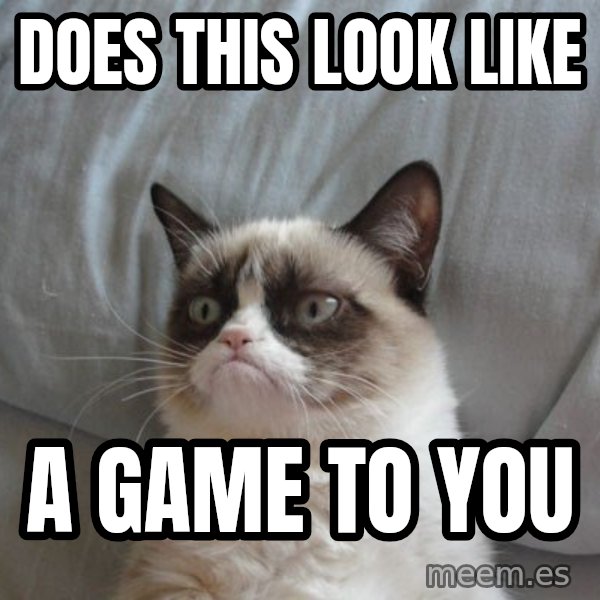 Grumpy cat good meme: Does this look like / a game to you