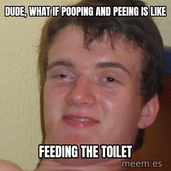 really high guy meme: DUDE, WHAT IF POOPING AND PEEING IS LIKE / FEEDING THE TOILET