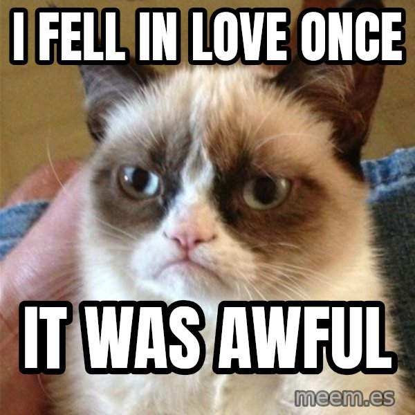 Grumpy Cat  meme: i fell in love once / it was awful