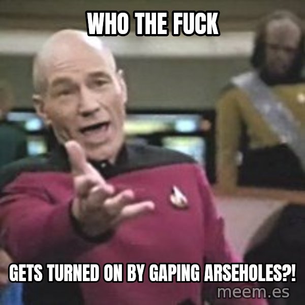 Captain Picard meme: who the fuck / gets turned on by gaping arseholes?!