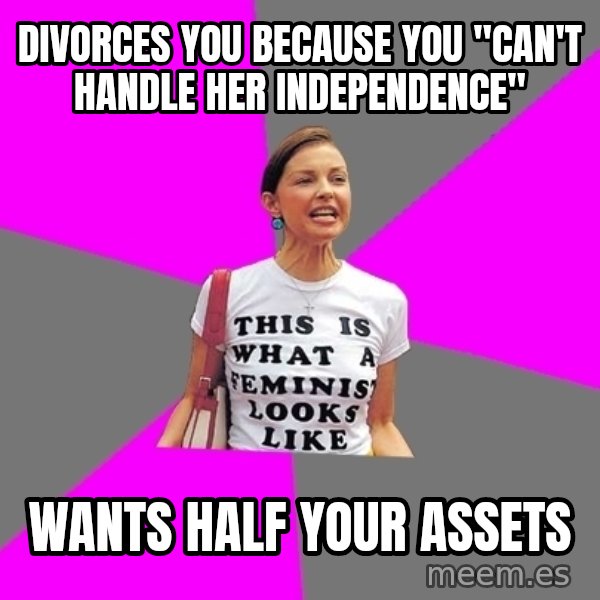 Feminist Cunt meme: Divorces you because you "can't handle her independence" / wants half your assets