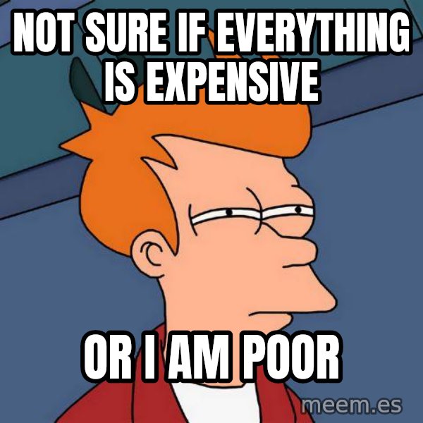Futurama Fry meme: not sure if everything is expensive / or i am poor