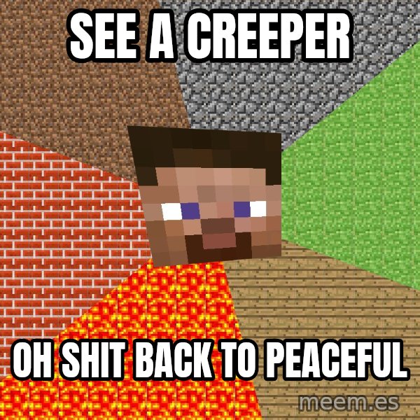 Minecraft Guy meme: See a creeper / OH SHIT BACK TO PEACEFUL