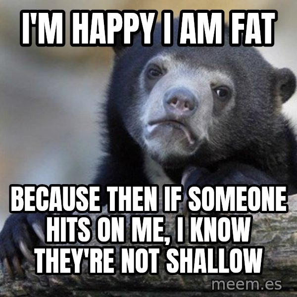 Confession Bear meme: I'm happy I am fat / because then if someone hits on me, I know they're not shallow