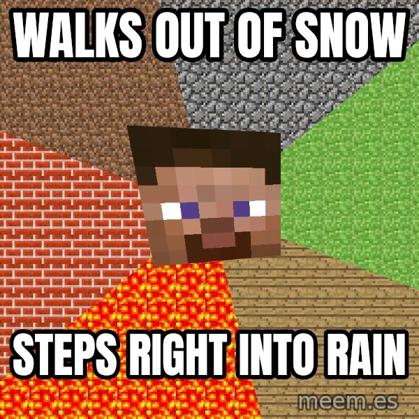Minecraft Guy meme: Walks out of snow / Steps right into rain