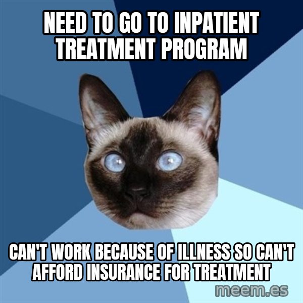 Chronic Illness Cat meme: Need to go to inpatient treatment program / Can't work because of illness so can't afford insurance for treatment