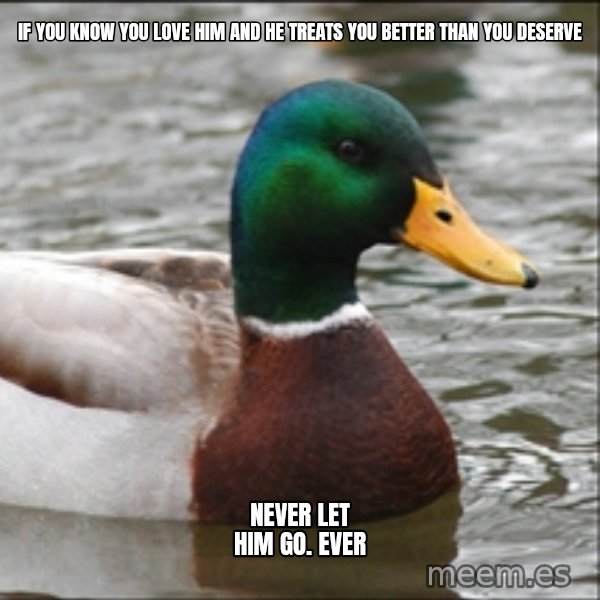 Actual Advice Mallard 1 meme: if you know you love him and he treats you better than you deserve / Never let him go. EVER