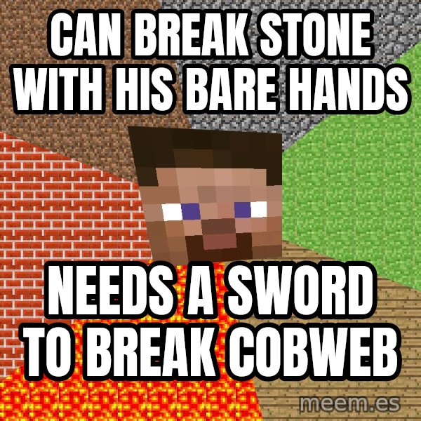 Minecraft Guy meme: Can break stone with his bare hands / needs a sword to break cobweb