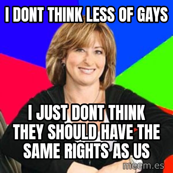 Sheltering Suburban Mom meme: I dont think less of gays / I just dont think they should have the same rights as us