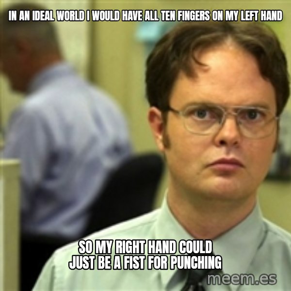 Dwight Meme meme: In an ideal world i would have all ten fingers on my left hand / so my right hand could just be a fist for punching