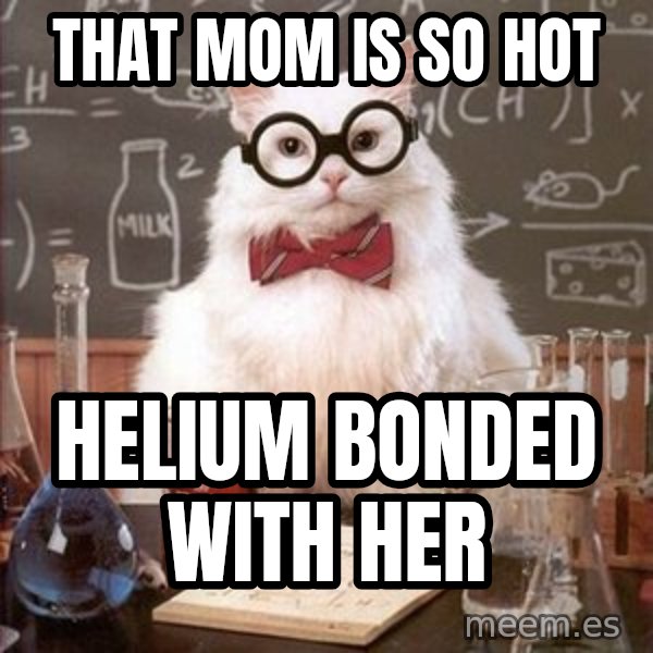 Chemistry Cat meme: That mom is so hot / helium bonded with her