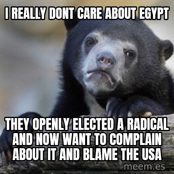 Confession Bear meme: I really dont care about Egypt / they openly elected a radical and now want to complain about it and blame the USA